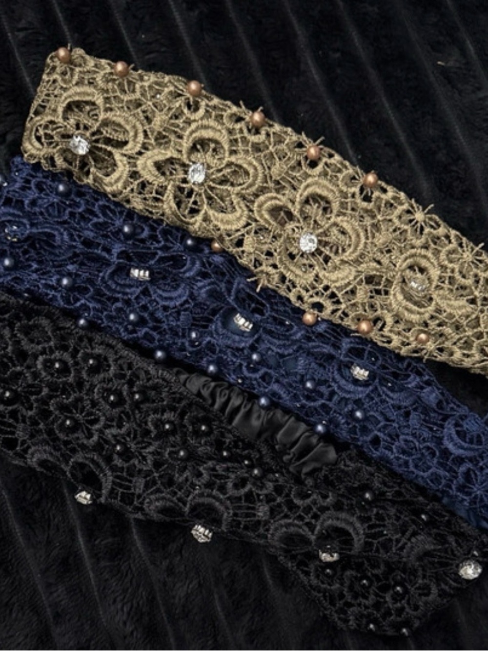 Lace Beaded Headband Trio - Gold, Navy, Black